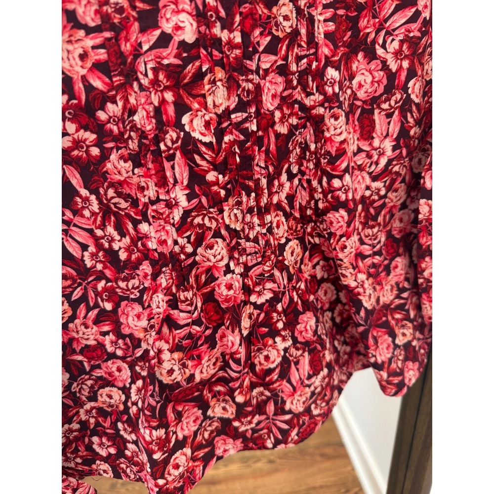 Talbots Petite Red Floral Pintuck Ruffle Tie Neck Cotton Blouse SP Womens - Picture 3 of 8